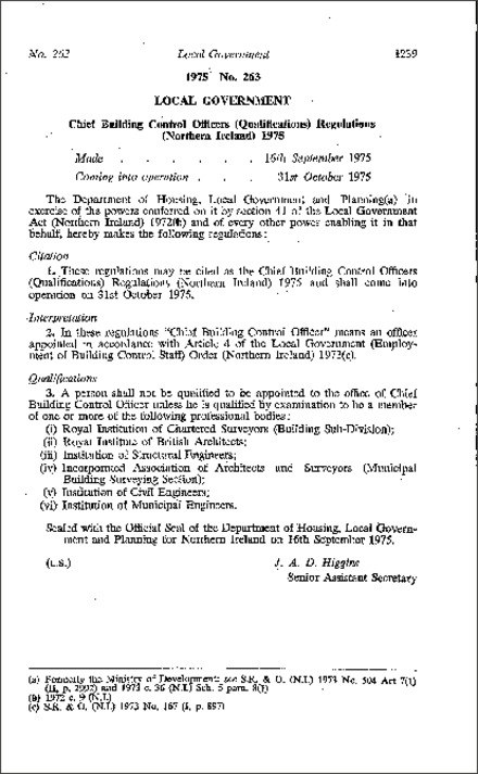 The Chief Building Control Officers (Qualifications) Regulations (Northern Ireland) 1975