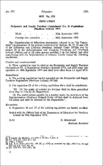 The Peripatetic and Supply Teachers (Amendment No. 2) Regulations (Northern Ireland) 1975