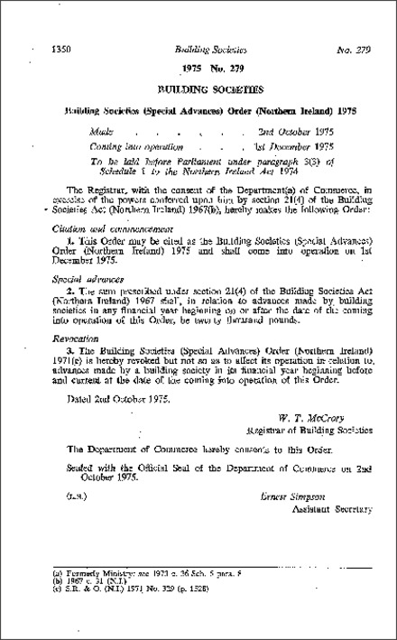 The Building Societies (Special Advances) Order (Northern Ireland) 1975
