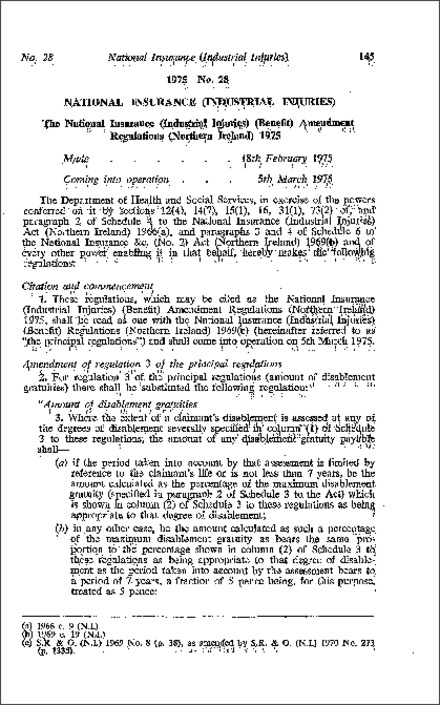 The National Insurance (Industrial Injuries) (Benefit) Amendment Regulations (Northern Ireland) 1975
