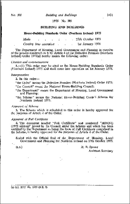 The House-Building Standards Order (Northern Ireland) 1975
