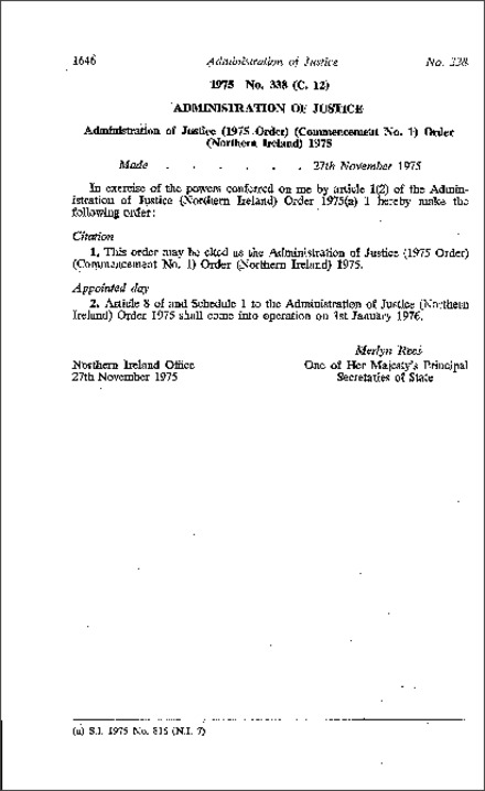 The Administration of Justice (1975 Order) (Commencement No. 1) Order (Northern Ireland) 1975
