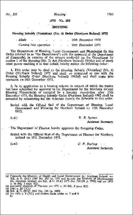 The Housing Subsidy (Variation) (No. 4) Order (Northern Ireland) 1975