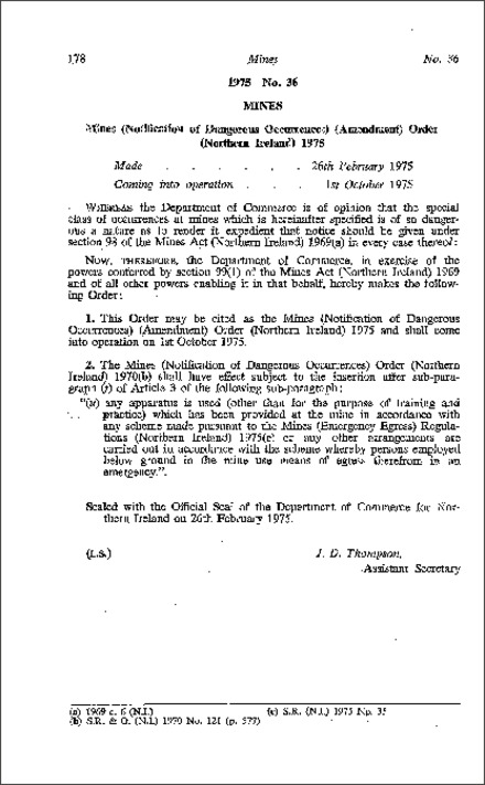 The Notification of Dangerous Occurrences (Amendment) Order (Northern Ireland) 1975