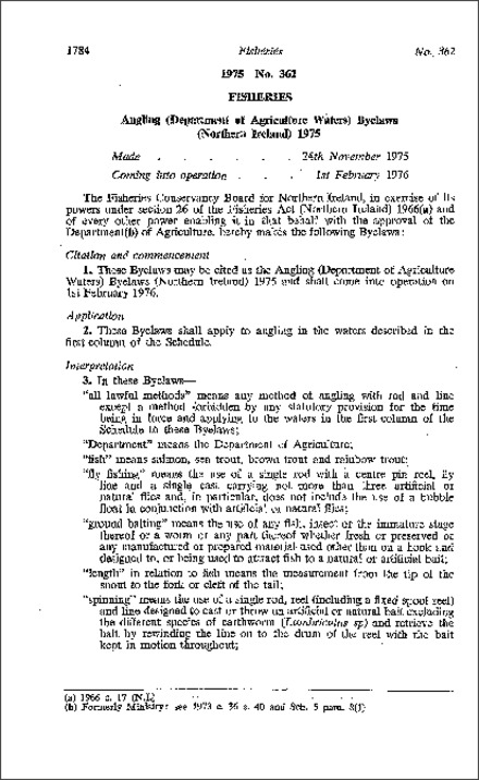 The Angling (Department of Agriculture Waters) Byelaws (Northern Ireland) 1975