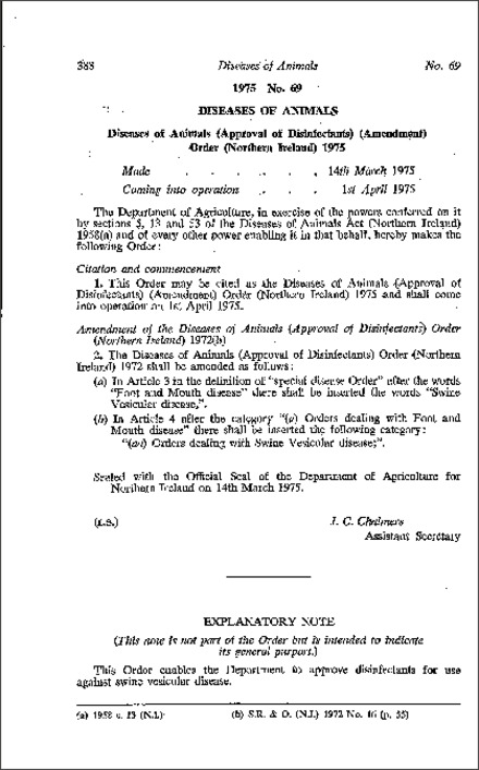The Diseases of Animals (Approval of Disinfectants) (Amendment) Order (Northern Ireland) 1975