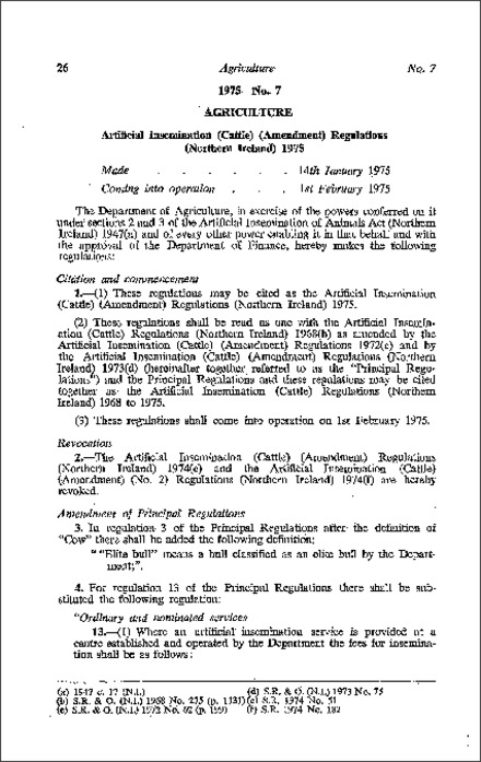 The Artificial Insemination (Cattle) (Amendment) Regulations (Northern Ireland) 1975