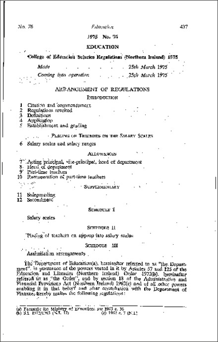 The College of Education Salaries Regulations (Northern Ireland) 1975