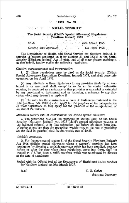 The Social Security (Child's Special Allowance) Regulations (Northern Ireland) 1975