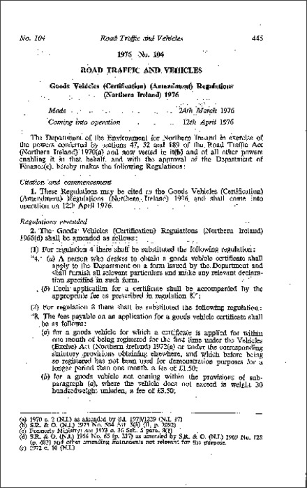 The Goods Vehicles (Certification) (Amendment) Regulations (Northern Ireland) 1976