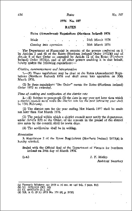 The Rates (Amendment) Regulations (Northern Ireland) 1976