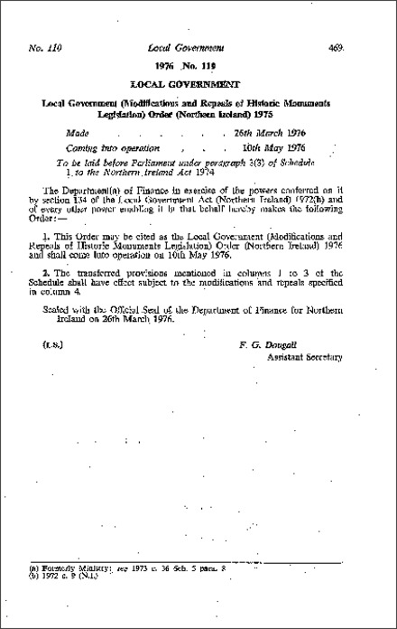 The Local Government (Modifications and Repeals of Historic Monuments Legislation) Order (Northern Ireland) 1976
