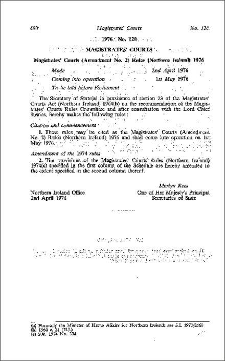 The Magistrates' Courts (Amendment No. 2) Rules (Northern Ireland) 1976