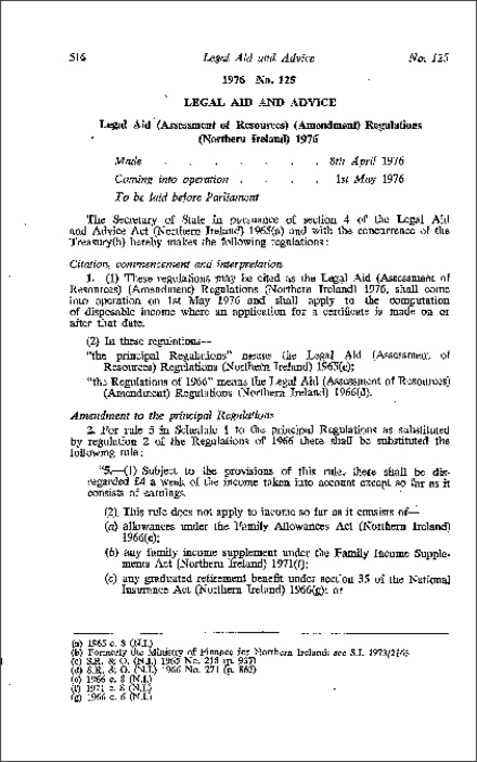The Legal Aid (Assessment of Resources) (Amendment) Regulations (Northern Ireland) 1976