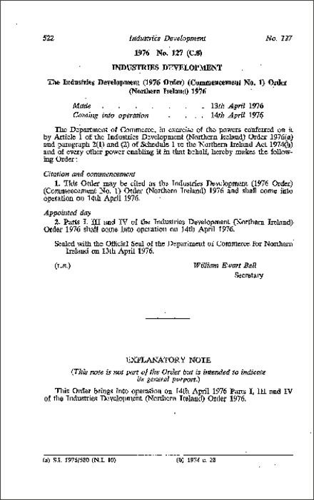 The Industries Development (1976 Order) (Commencement No. 1) Order (Northern Ireland) 1976