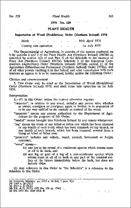 The Importation of Wood (Prohibition) Order (Northern Ireland) 1976