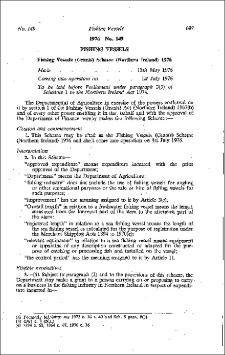 The Fishing Vessels (Grants) Scheme (Northern Ireland) 1976
