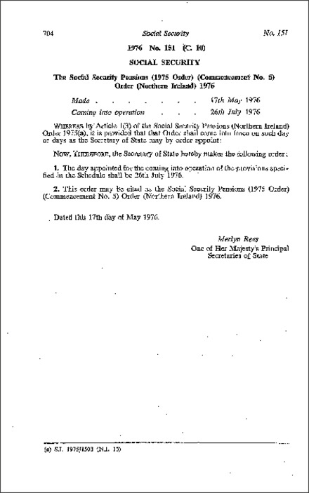 The Social Security Pensions (1975 Order) (Commencement No. 5) Order (Northern Ireland) 1976
