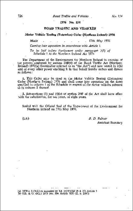 The Motor Vehicle Testing (Extension) Order (Northern Ireland) 1976