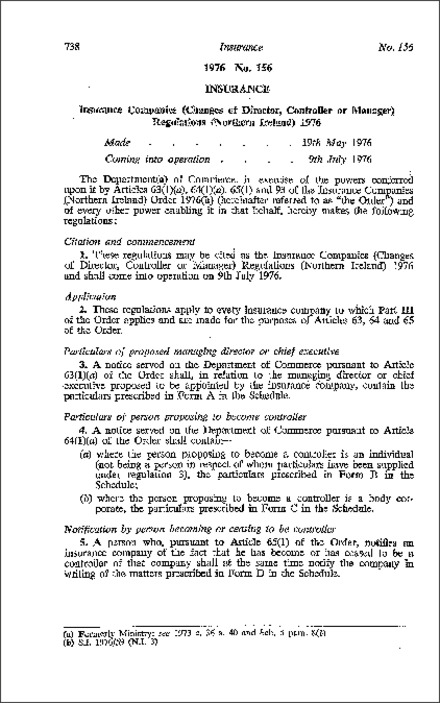 The Insurance Companies (Changes of Director, Controller or Manager) Regulations (Northern Ireland) 1976