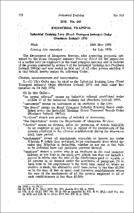 The Industrial Training Levy (Road Transport Industry) Order (Northern Ireland) 1976