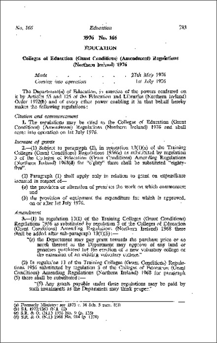 The Colleges of Education (Grant Conditions) (Amendment) Regulations (Northern Ireland) 1976