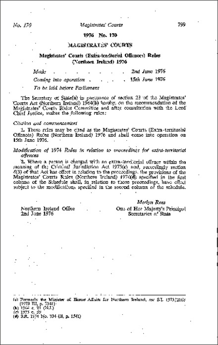 The Magistrates' Courts (Extra-territorial Offences) Rules (Northern Ireland) 1976