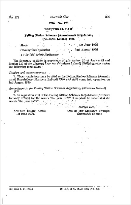 The Polling Station Schemes (Amendment) Regulations (Northern Ireland) 1976