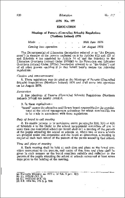 The Meetings of Parents (Controlled Schools) Regulations (Northern Ireland) 1976