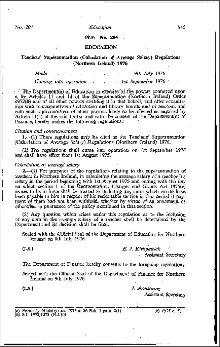 The Teachers' Superannuation (Calculation of Average Salary) Regulations (Northern Ireland) 1976