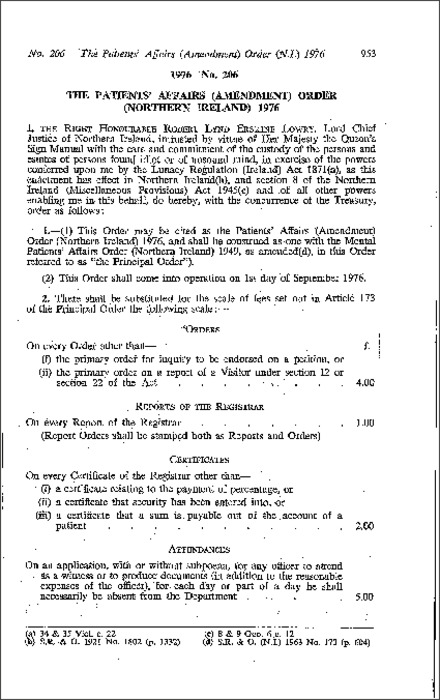 The Patients' Affairs (Amendment) Order (Northern Ireland) 1976