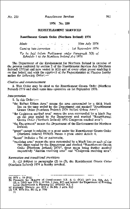 The Resettlement Grants Order (Northern Ireland) 1976