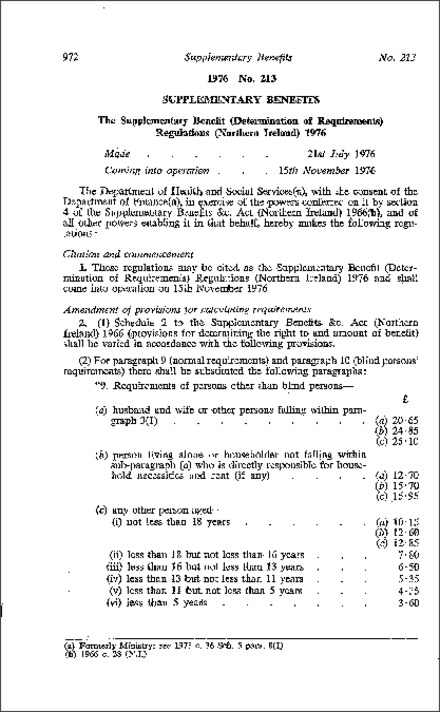 The Supplementary Benefit (Determination of Requirements) Regulations (Northern Ireland) 1976