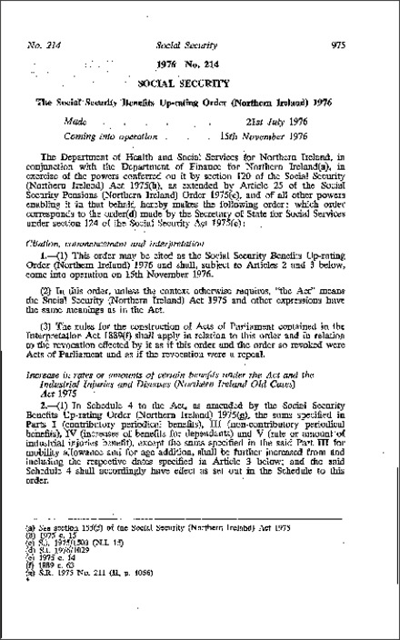 The Social Security Benefits Up-rating Order (Northern Ireland) 1976