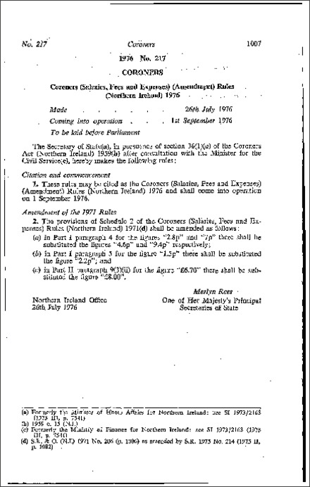 The Coroners (Salaries, Fees and Expenses) (Amendment) Rules (Northern Ireland) 1976