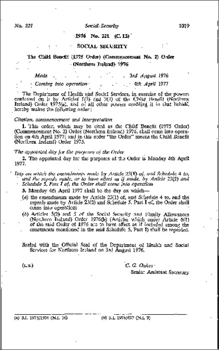 The Child Benefit (1975 Order) (Commencement No. 2) Order (Northern Ireland) 1976