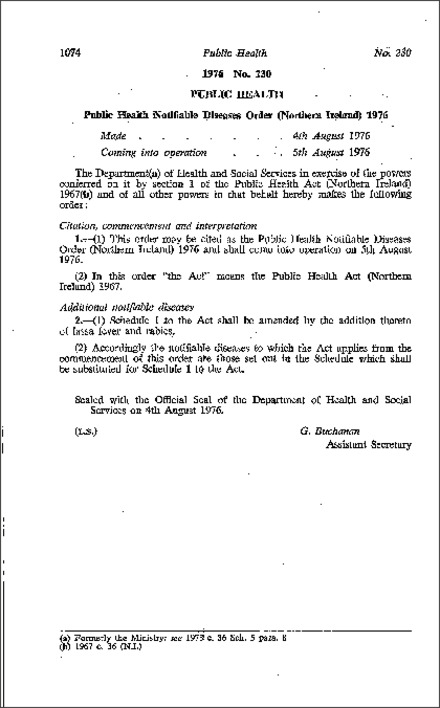 The Public Health Notifiable Diseases Order (Northern Ireland) 1976
