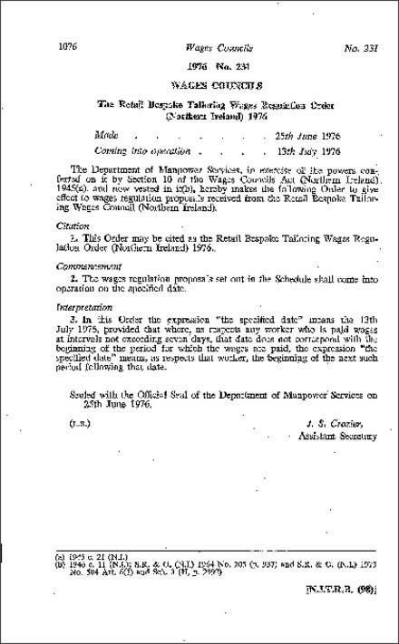 The Retail Bespoke Tailoring Wages Regulation Order (Northern Ireland) 1976