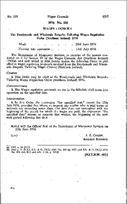 The Readymade and Wholesale Bespoke Tailoring Wages Regulation Order (Northern Ireland) 1976