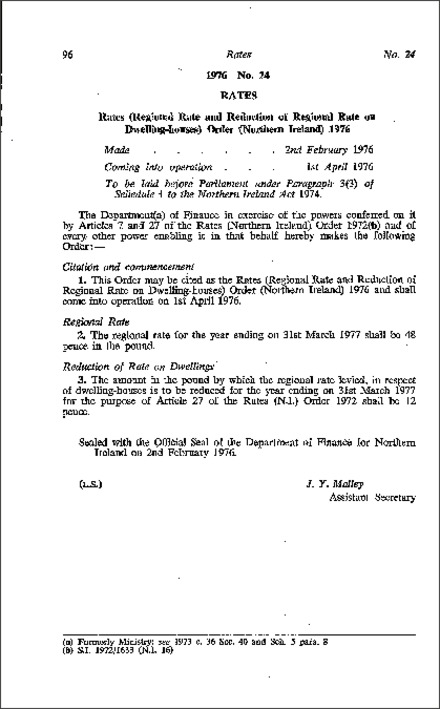 The Rates (Regional Rate and Reduction of Regional Rate on Dwelling-houses) Order (Northern Ireland) 1976