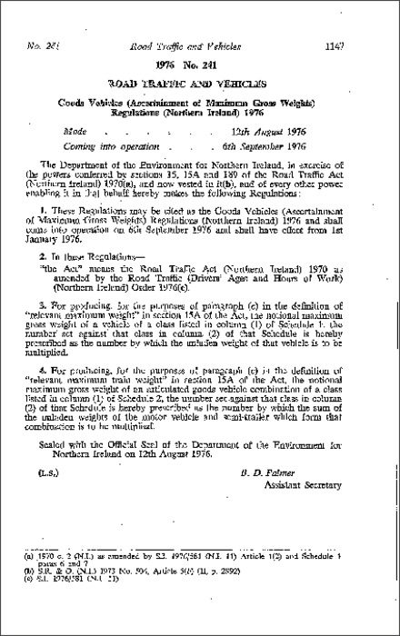 The Goods Vehicles (Ascertainment of Maximum Gross Weights) Regulations (Northern Ireland) 1976