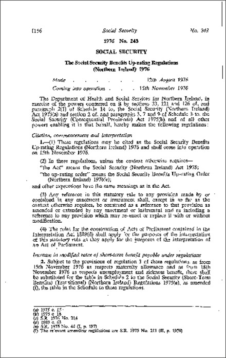 The Social Security Benefits Up-rating Regulations (Northern Ireland) 1976