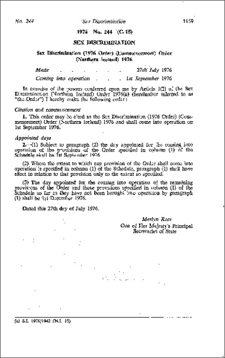 The Sex Discrimination (1976 Order) (Commencement) Order (Northern Ireland) 1976