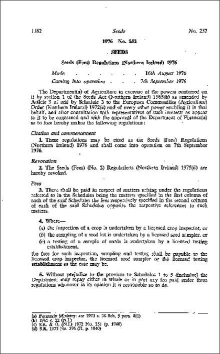 The Seeds (Fees) Regulations (Northern Ireland) 1976