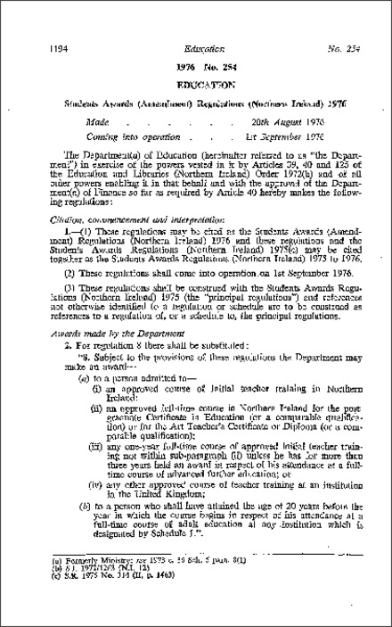 The Students Awards (Amendment) Regulations (Northern Ireland) 1976