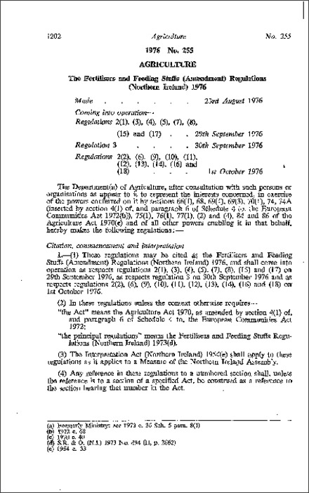 The Fertilisers and Feeding Stuffs (Amendment) Regulations (Northern Ireland) 1976