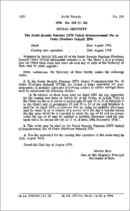 The Social Security Pensions (1975 Order) (Commencement No. 6) Order (Northern Ireland) 1976