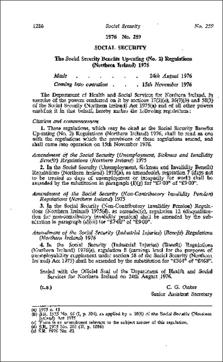 The Social Security Benefits Up-rating (No. 2) Regulations (Northern Ireland) 1976