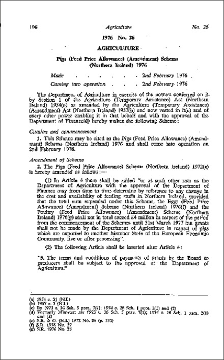The Pigs (Feed Price Allowance) (Amendment) Scheme (Northern Ireland) 1976