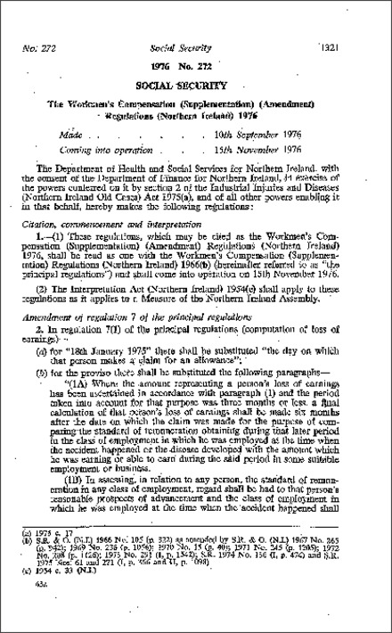 The Workmen's Compensation (Supplementation) (Amendment) Regulations (Northern Ireland) 1976